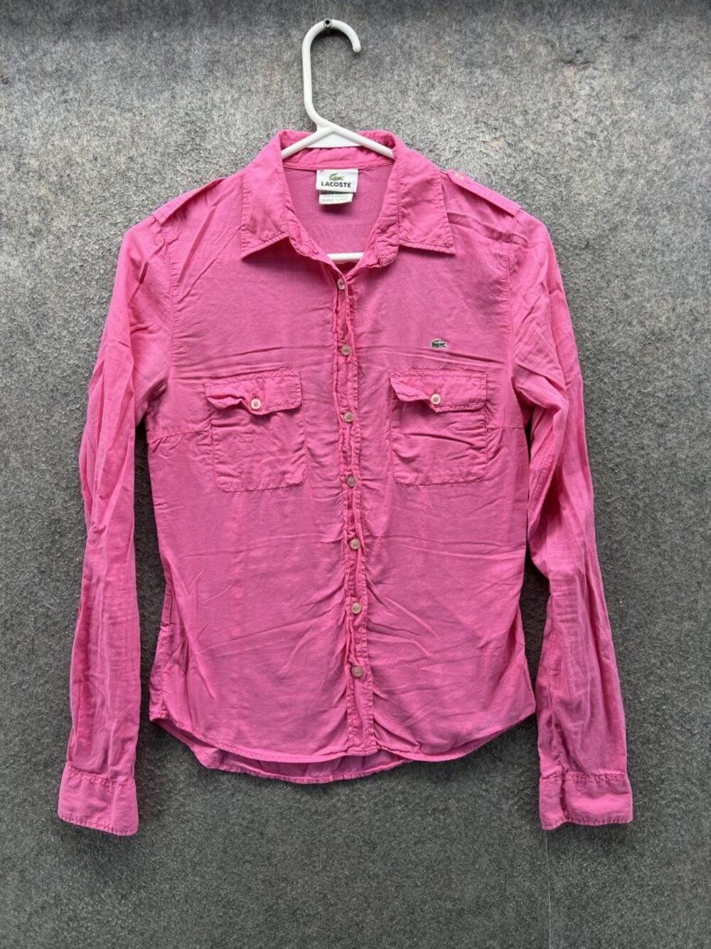 Lacoste Shirt Womens 34 Pink Button Front Collared Long Sleeve Woven Top